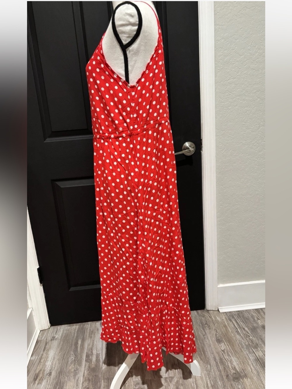Red Polka Dot Midi Dress Lightweight Flowy Boho Spaghetti Strap XL - Picture 3 of 9
